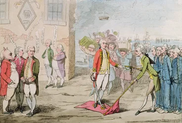 Rodney Triumphant, eller Admiral Lee-Shore in the Dumps, 1782 (håndfarvet radering)